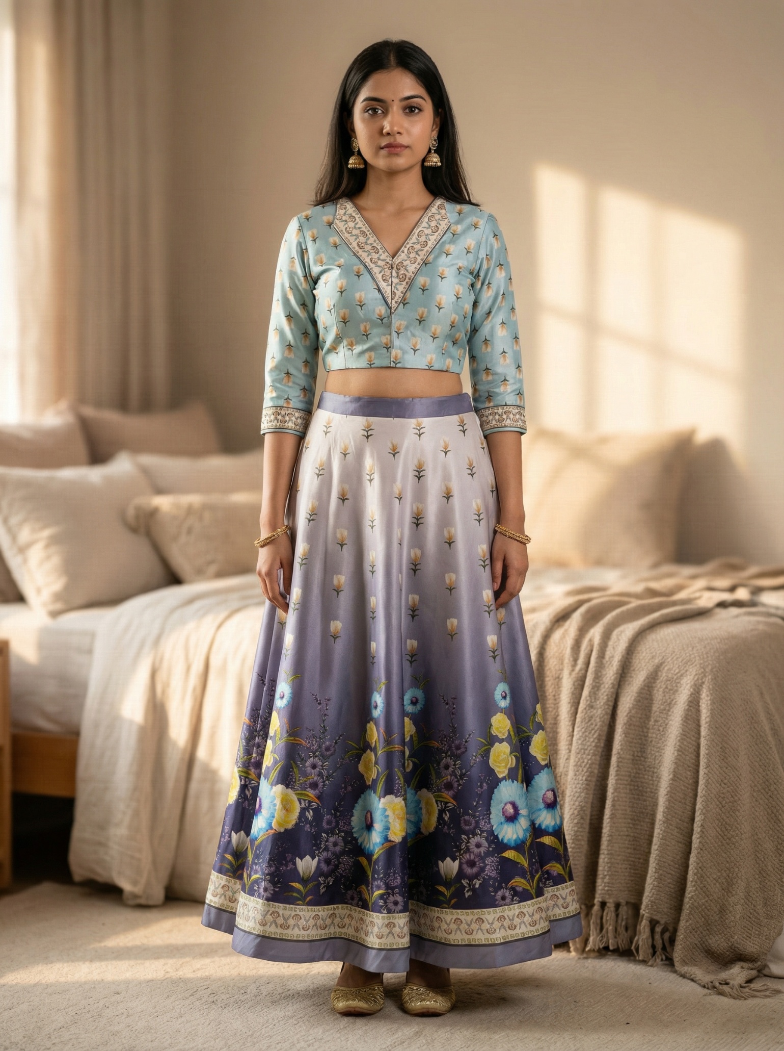Sky Blue Floral Printed Silk Blend Lehenga Choli