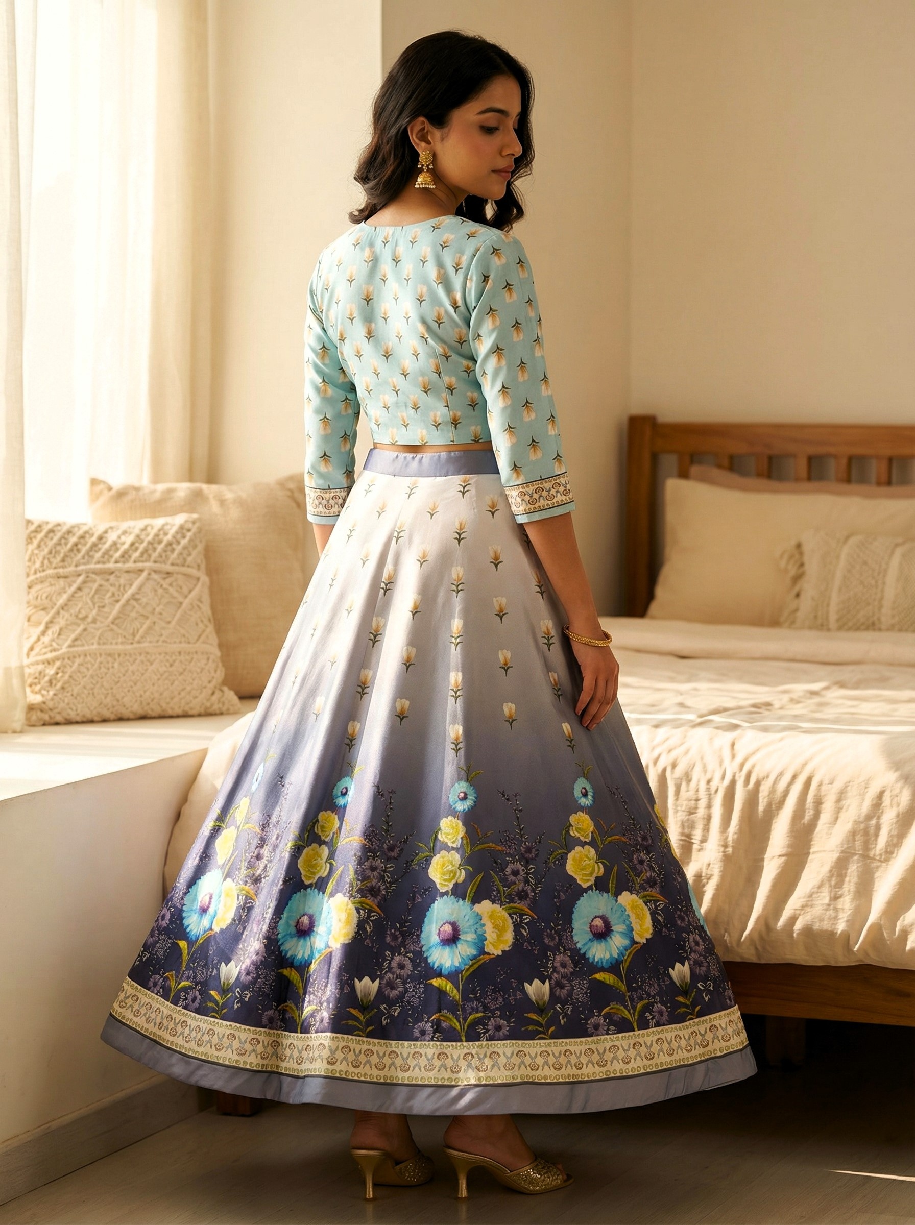 Sky Blue Floral Printed Silk Blend Lehenga Choli — alternate view