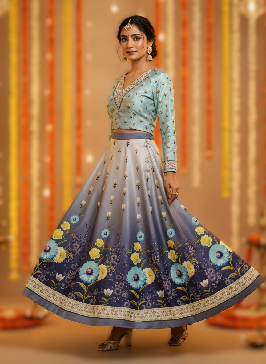 Sky Blue Floral Printed Silk Blend Lehenga Choli