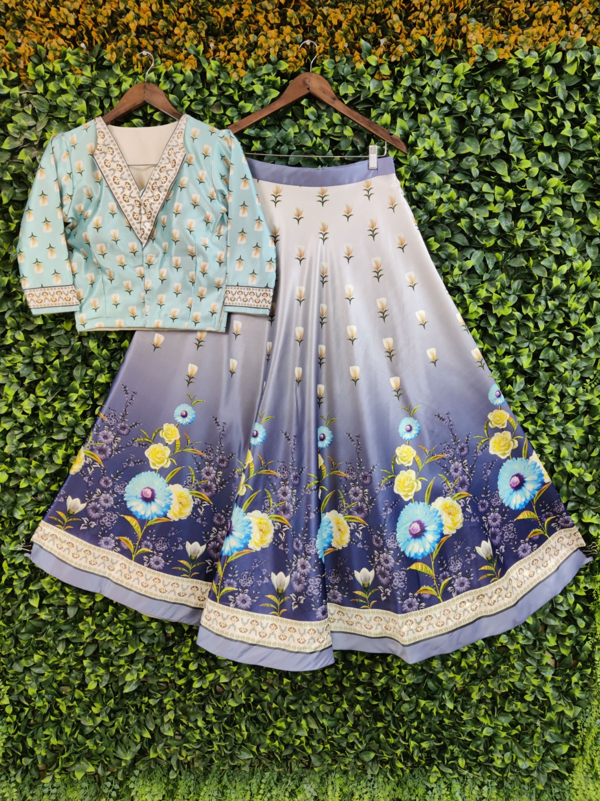 Sky Blue Floral Printed Silk Blend Lehenga Choli