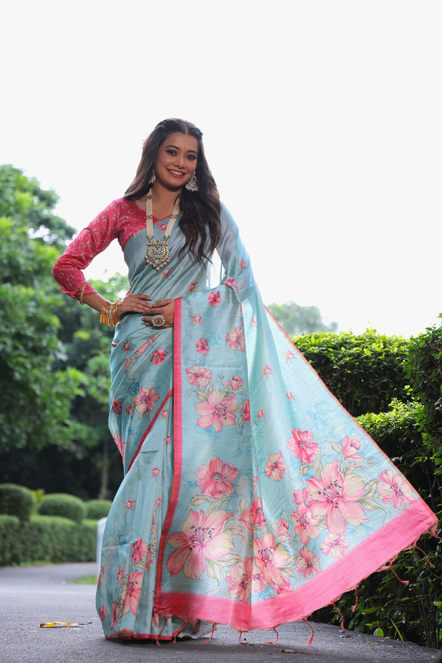 Sky Blue Floral Printed Tussar Silk Saree