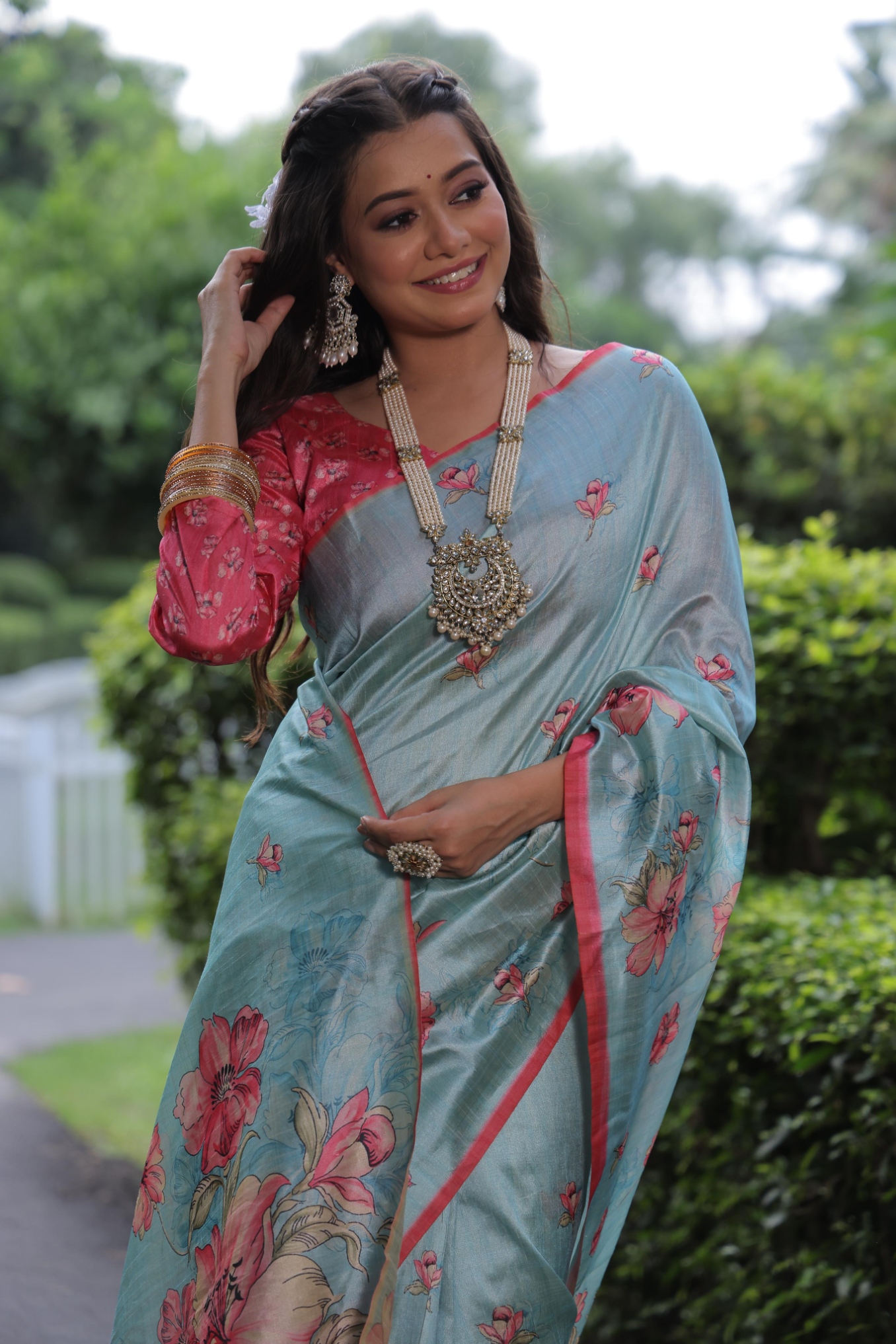 Sky Blue Floral Printed Tussar Silk Saree — alternate view