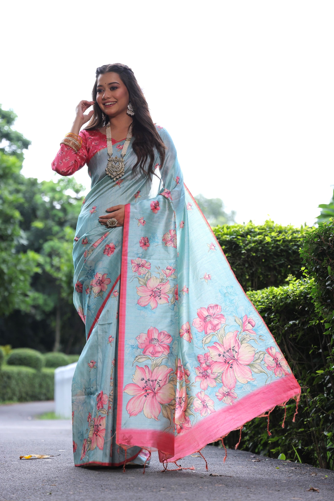 Sky Blue Floral Printed Tussar Silk Saree
