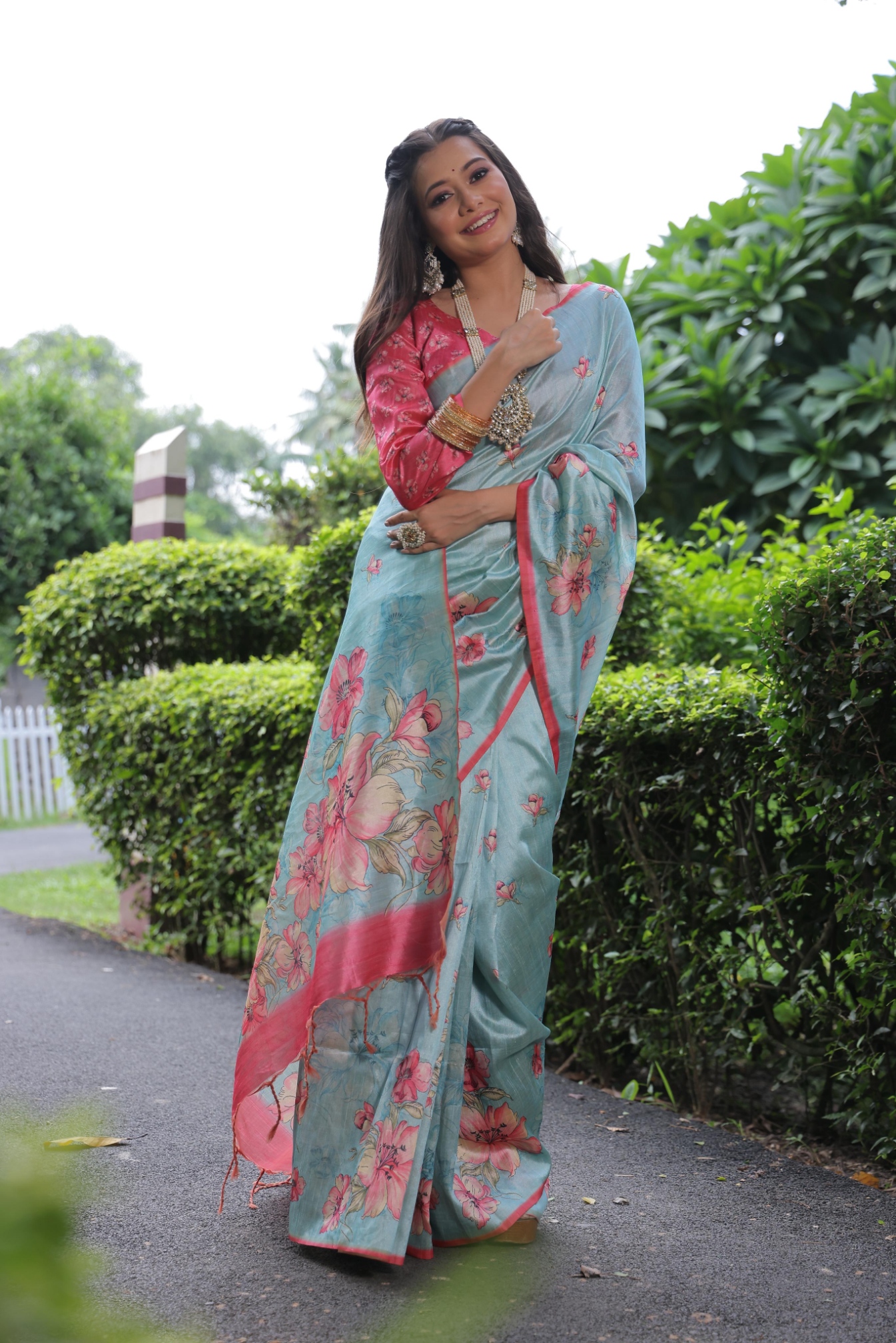 Sky Blue Floral Printed Tussar Silk Saree