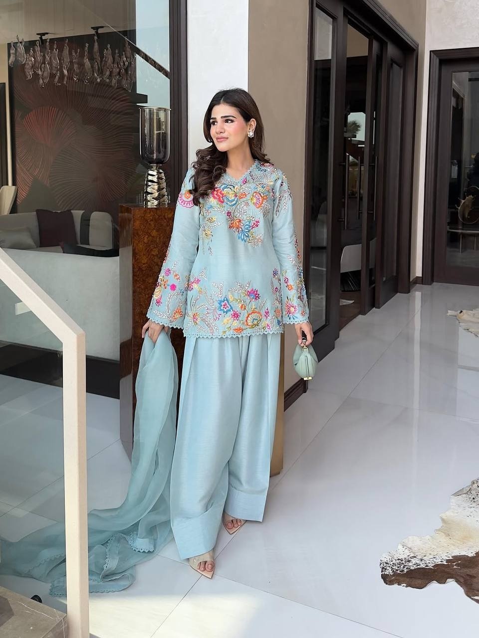 Sky Blue Floral Sequance Embroidery Crepe Silk Indo Western Set