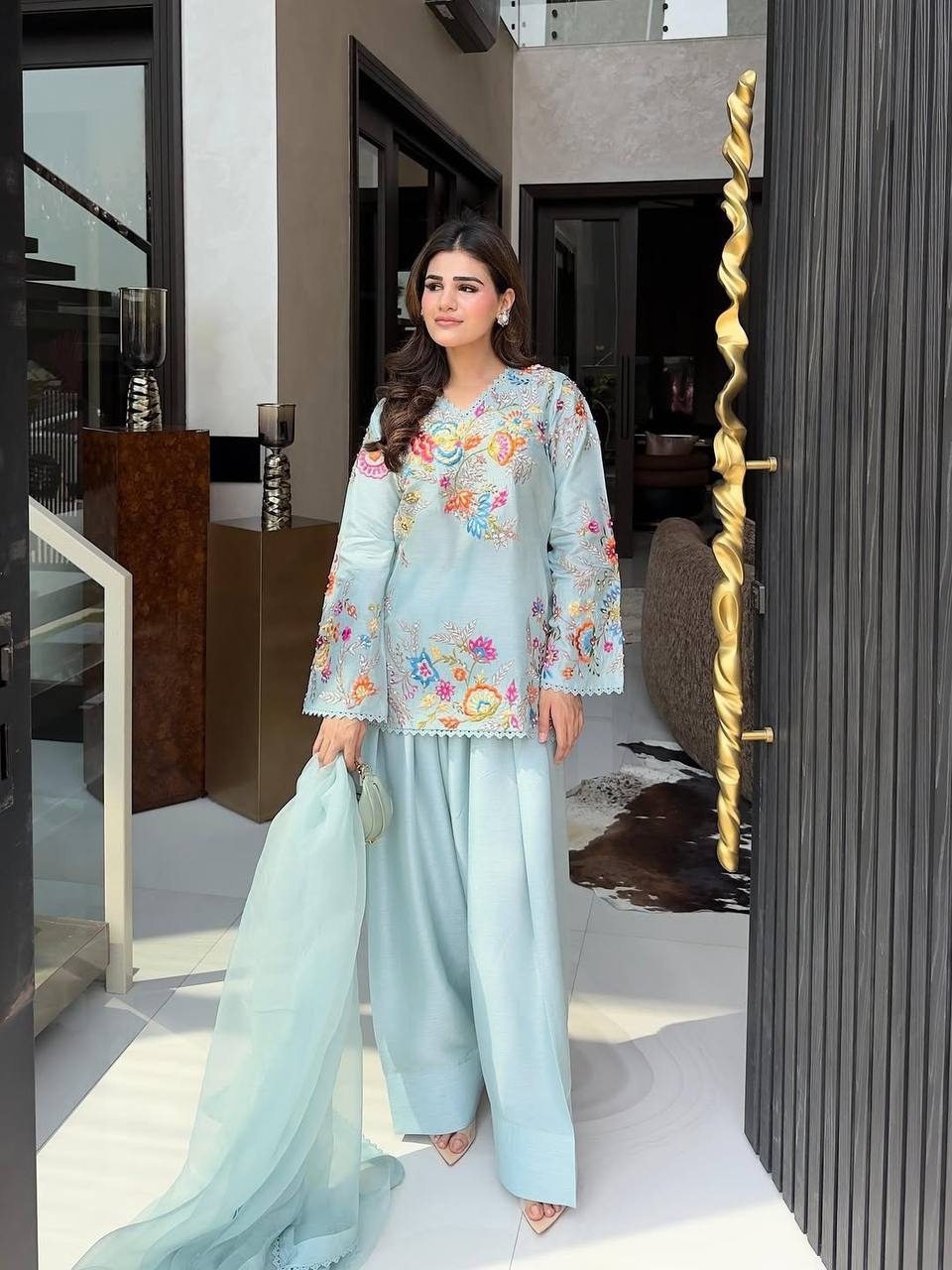 Sky Blue Floral Sequance Embroidery Crepe Silk Indo Western Set — alternate view