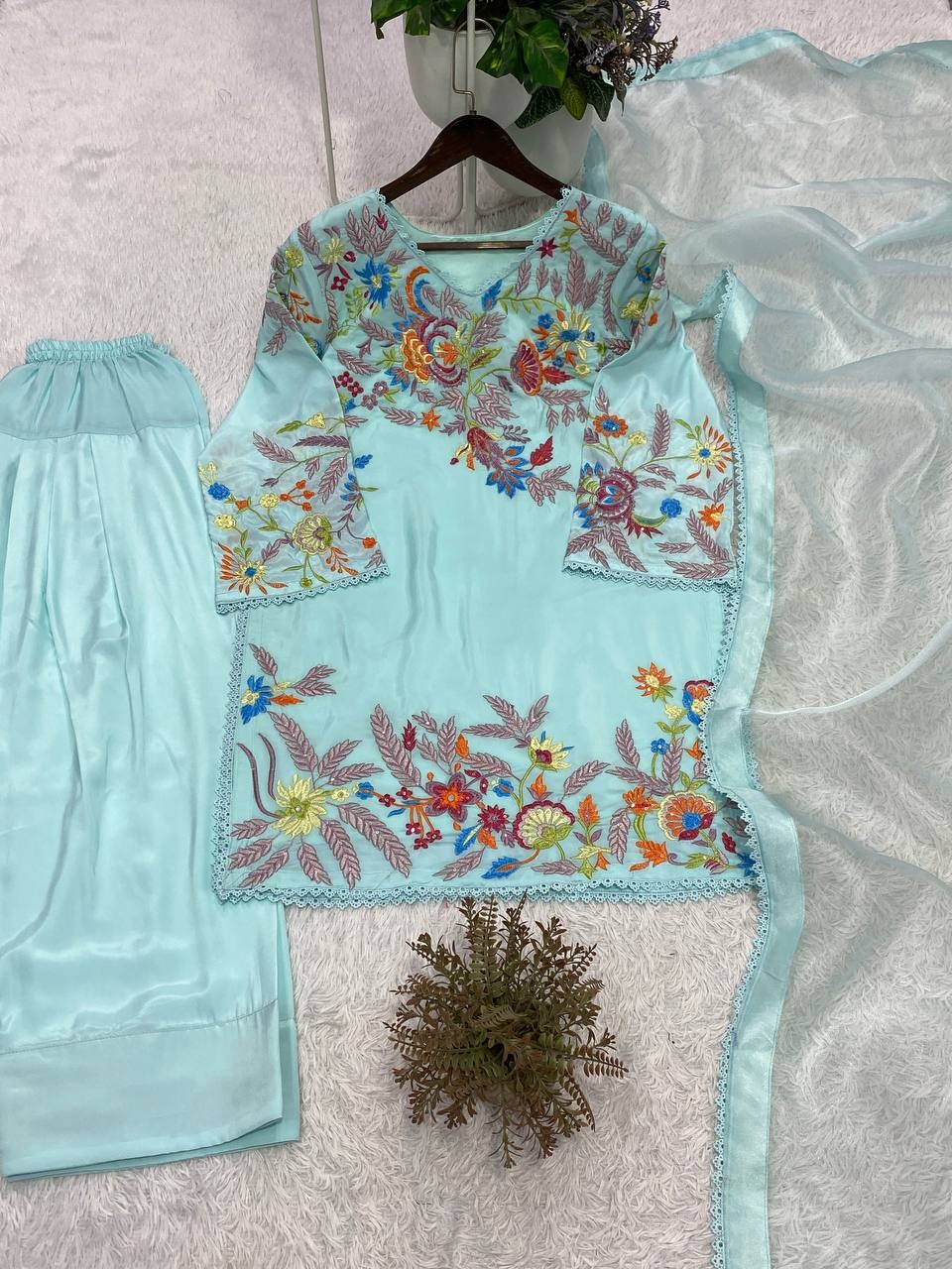 Sky Blue Floral Sequance Embroidery Crepe Silk Indo Western Set