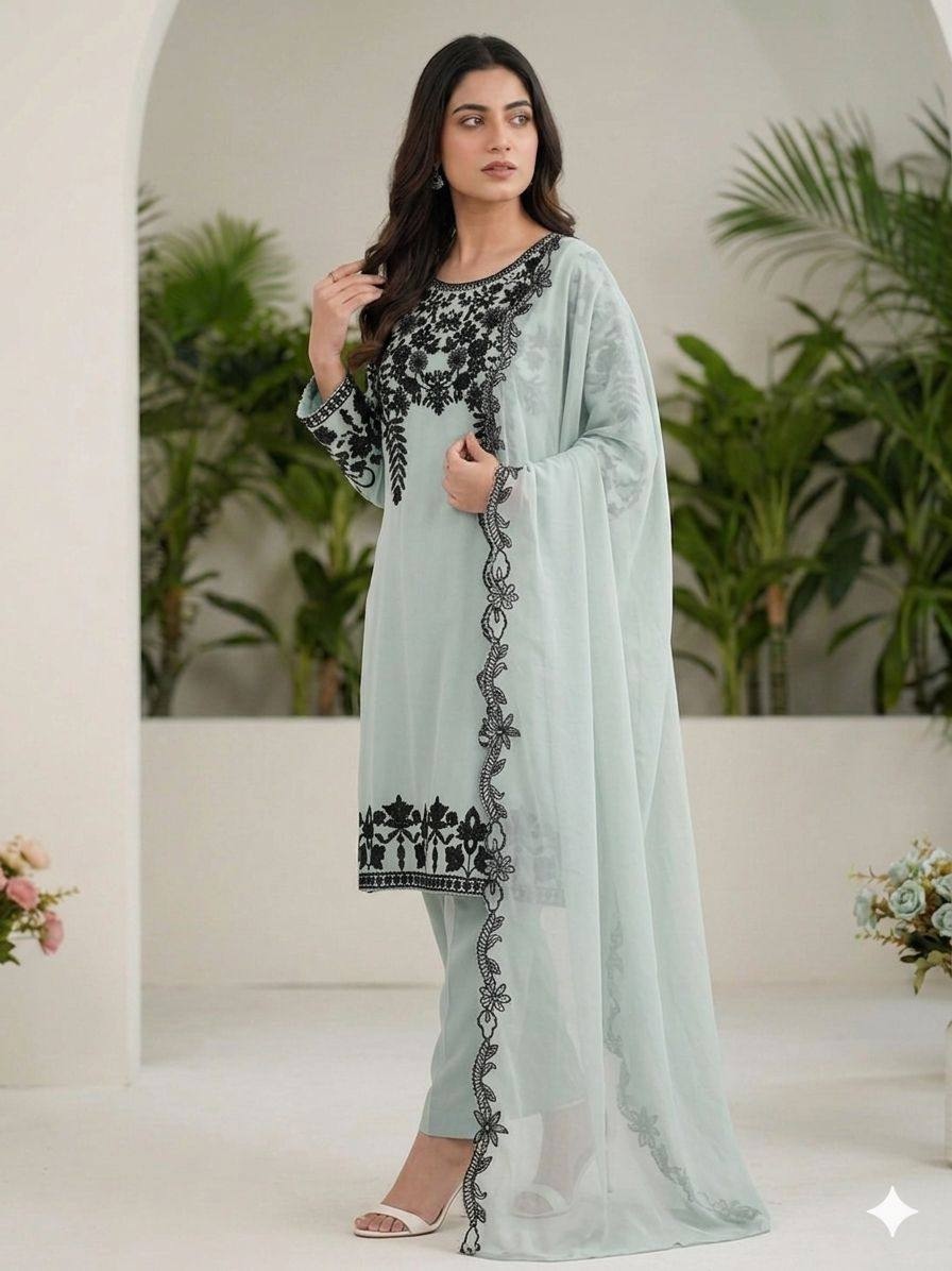 Sky Blue Floral Sequins Salwar Suit
