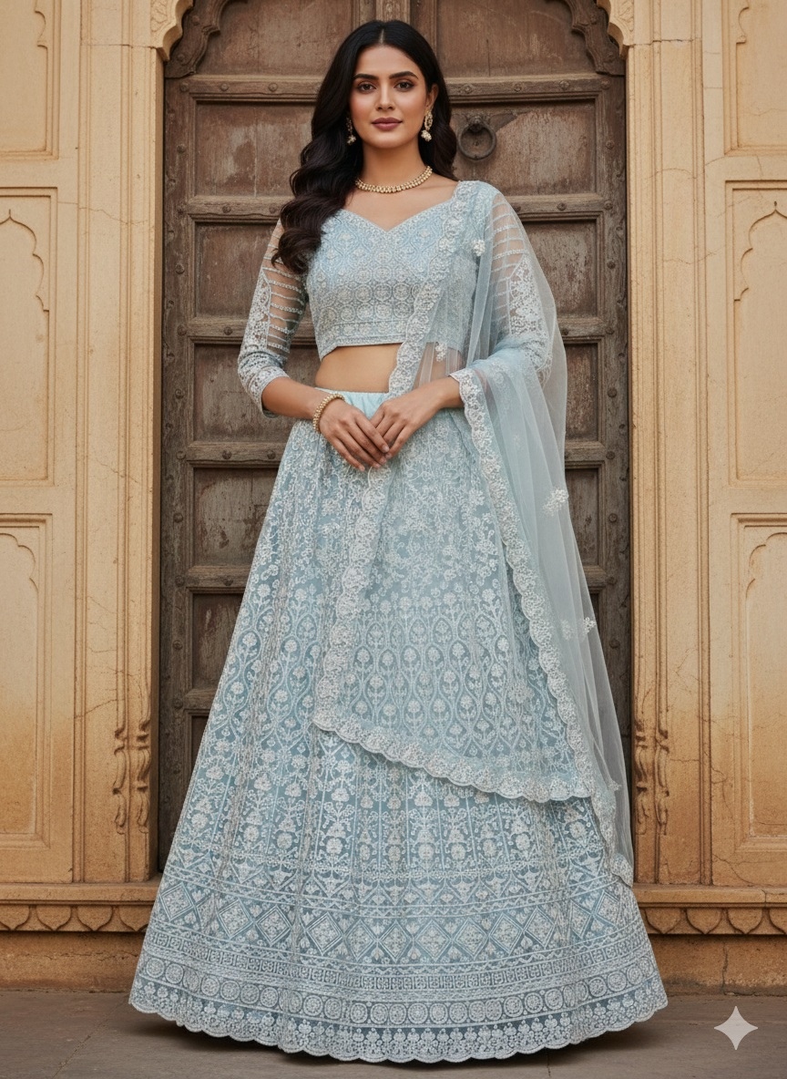 Sky Blue Floral Threadwork Net Lehenga Choli