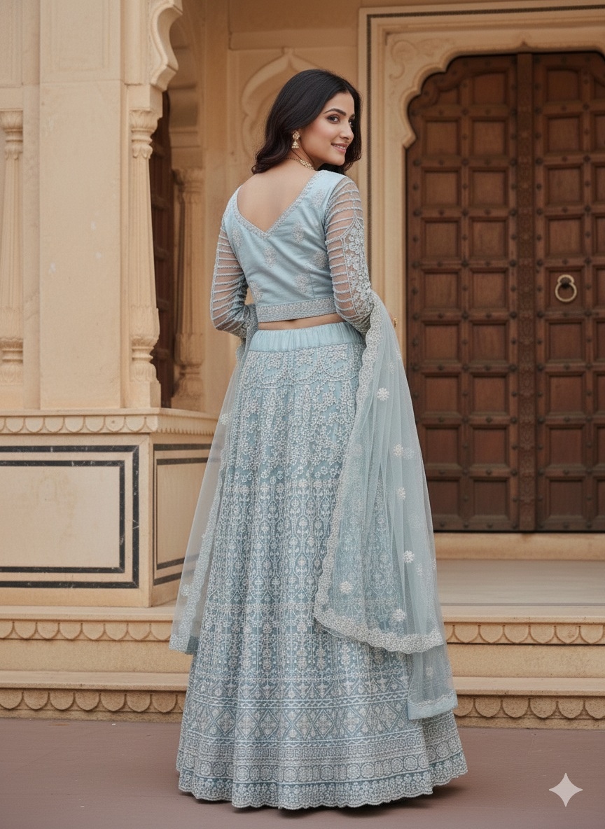 Sky Blue Floral Threadwork Net Lehenga Choli — alternate view