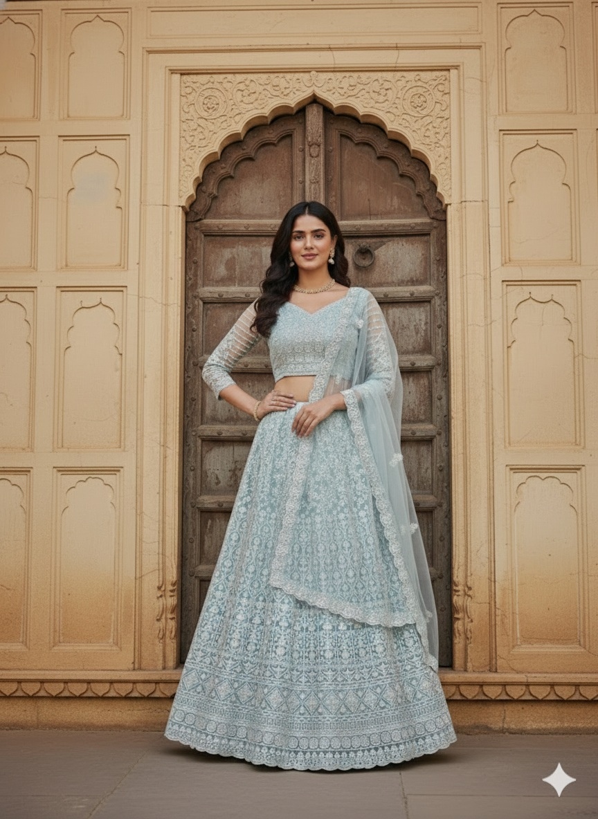 Sky Blue Floral Threadwork Net Lehenga Choli