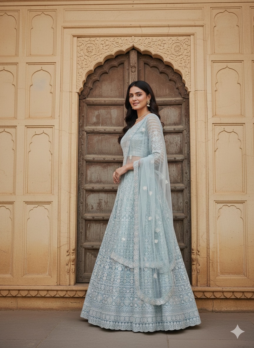 Sky Blue Floral Threadwork Net Lehenga Choli