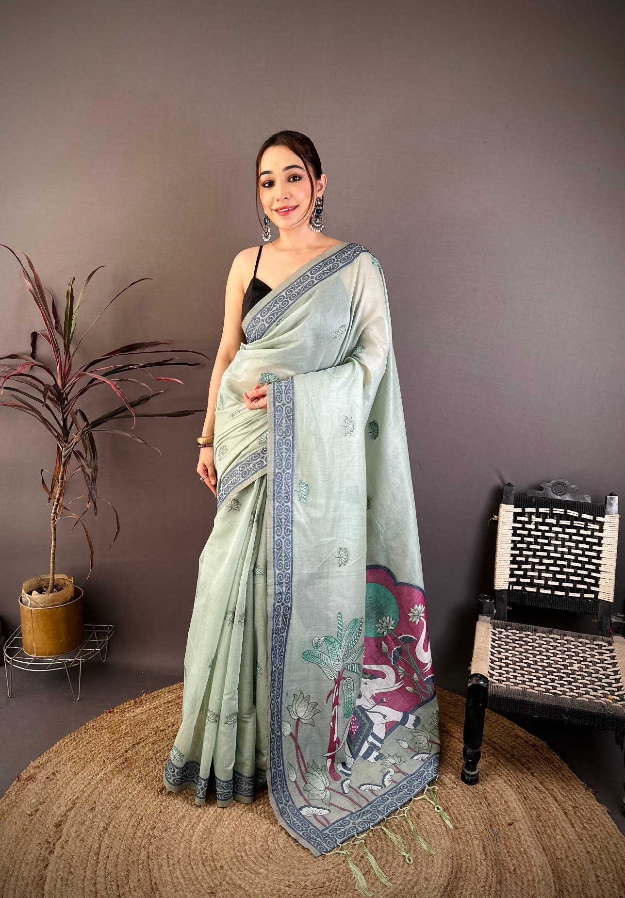 Sky Blue Floral Weaving Muga Cotton Saree