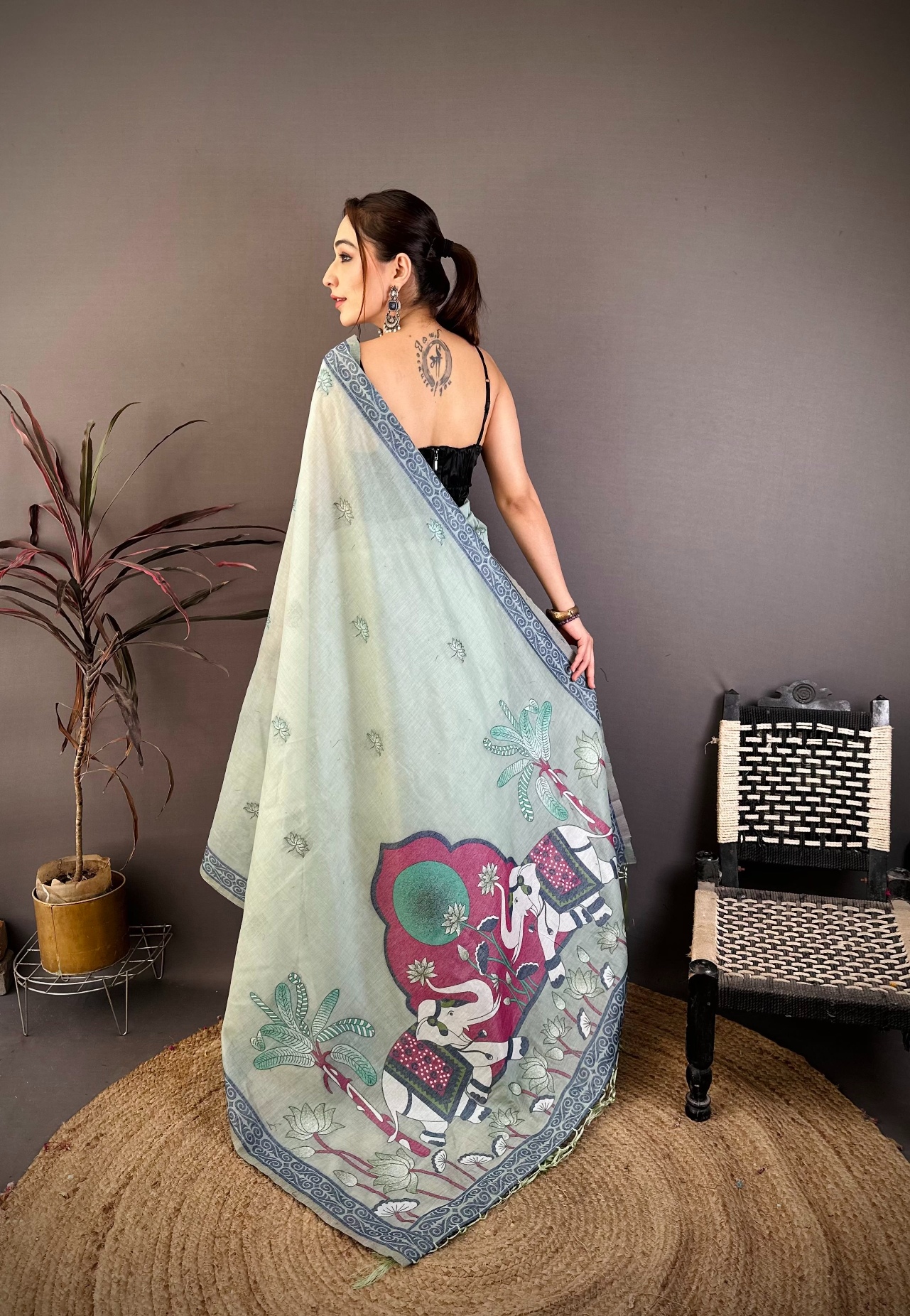 Sky Blue Floral Weaving Muga Cotton Saree — alternate view