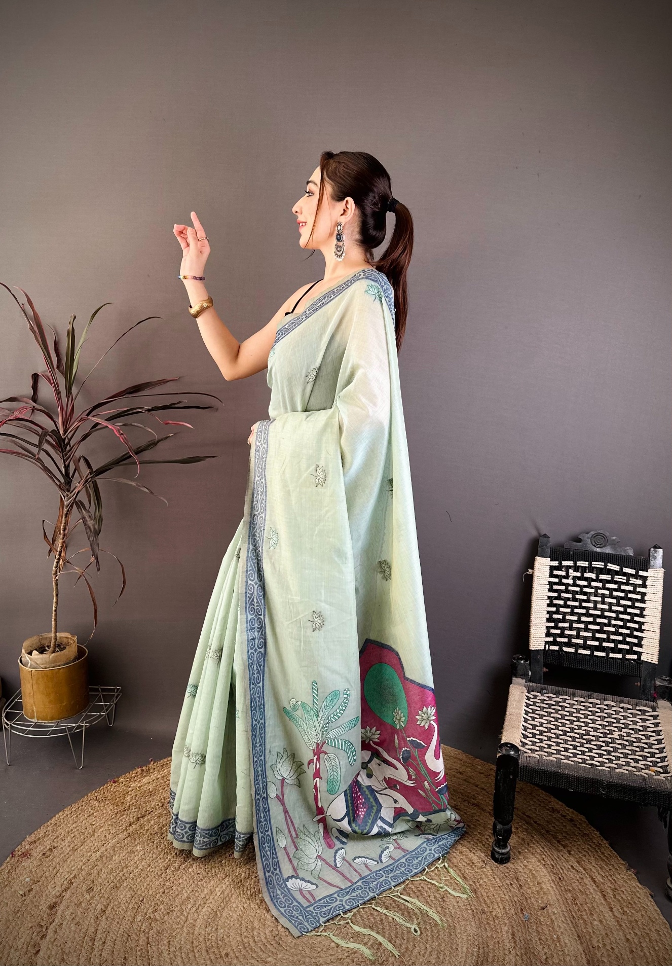 Sky Blue Floral Weaving Muga Cotton Saree