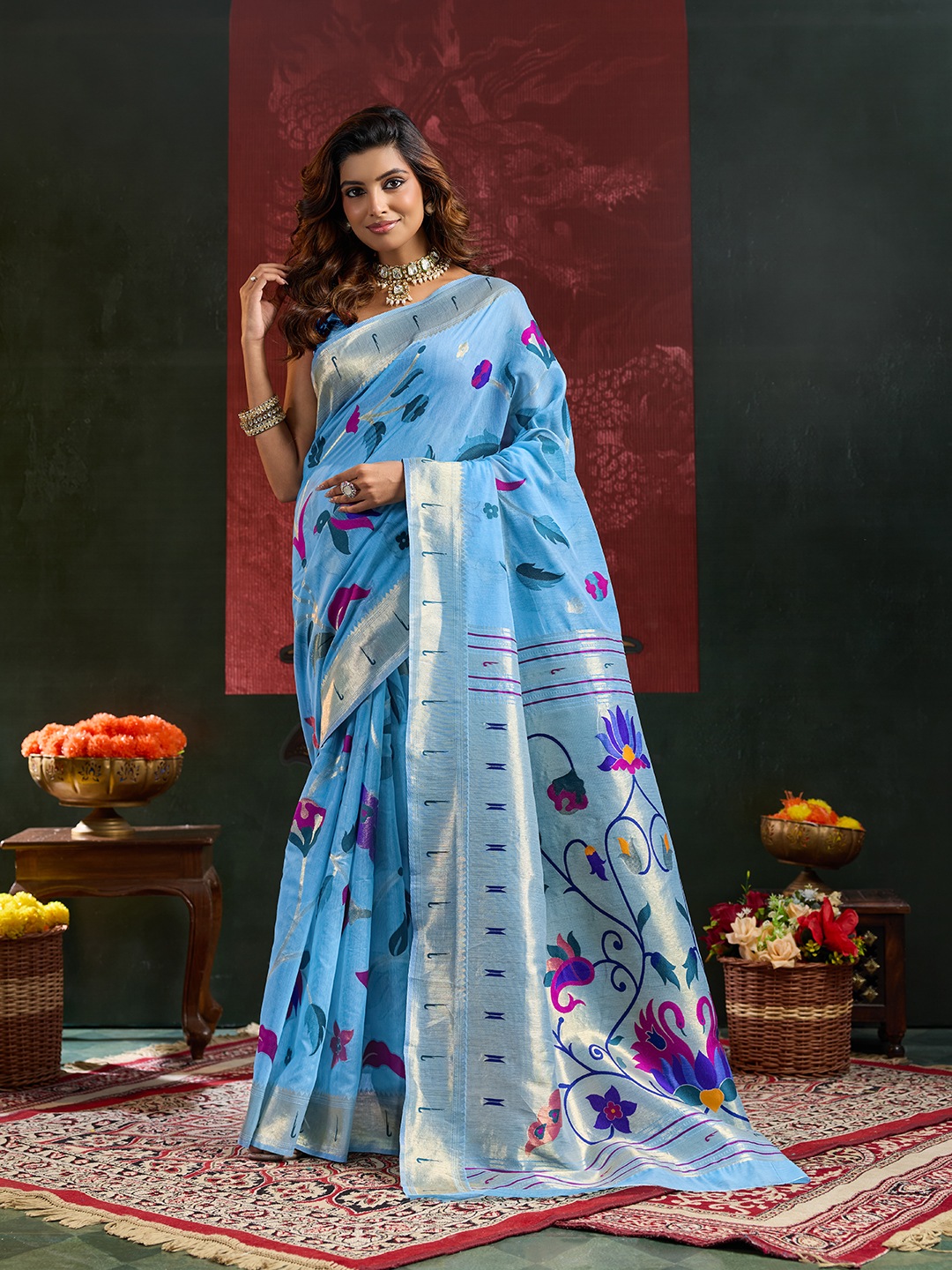 Sky Blue Floral Woven Cotton Silk Saree