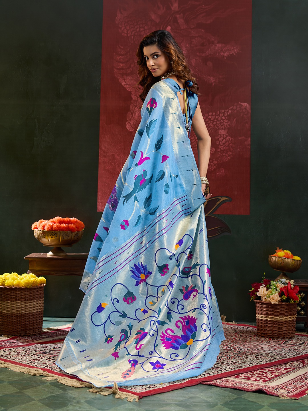 Sky Blue Floral Woven Cotton Silk Saree — alternate view