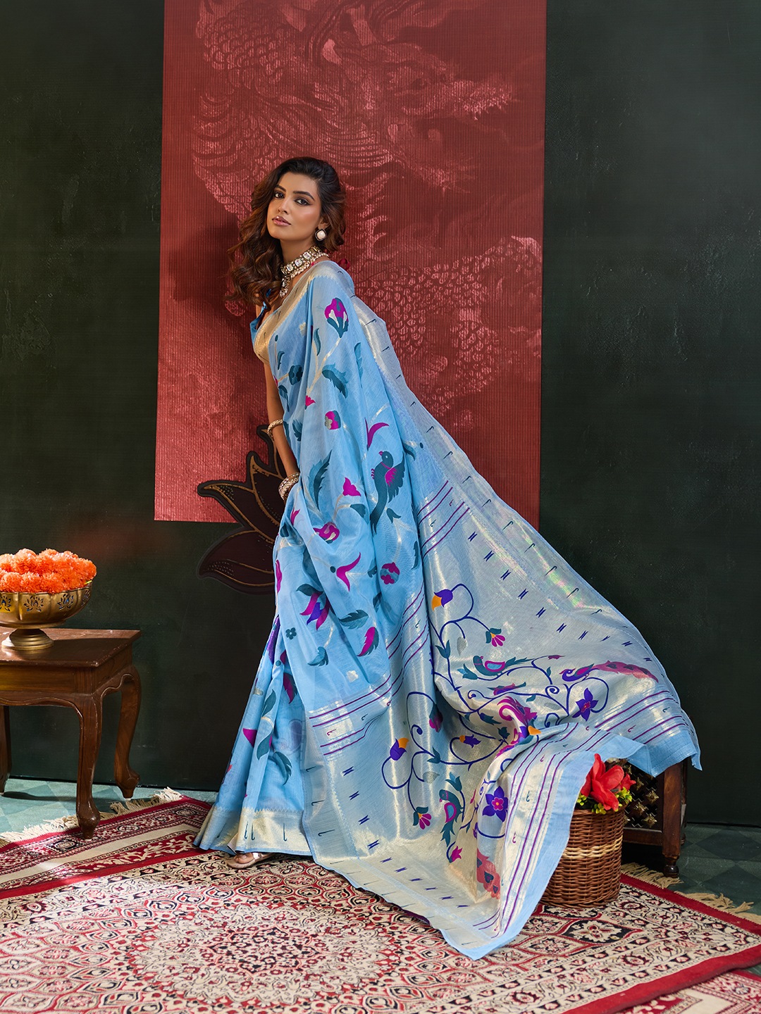Sky Blue Floral Woven Cotton Silk Saree