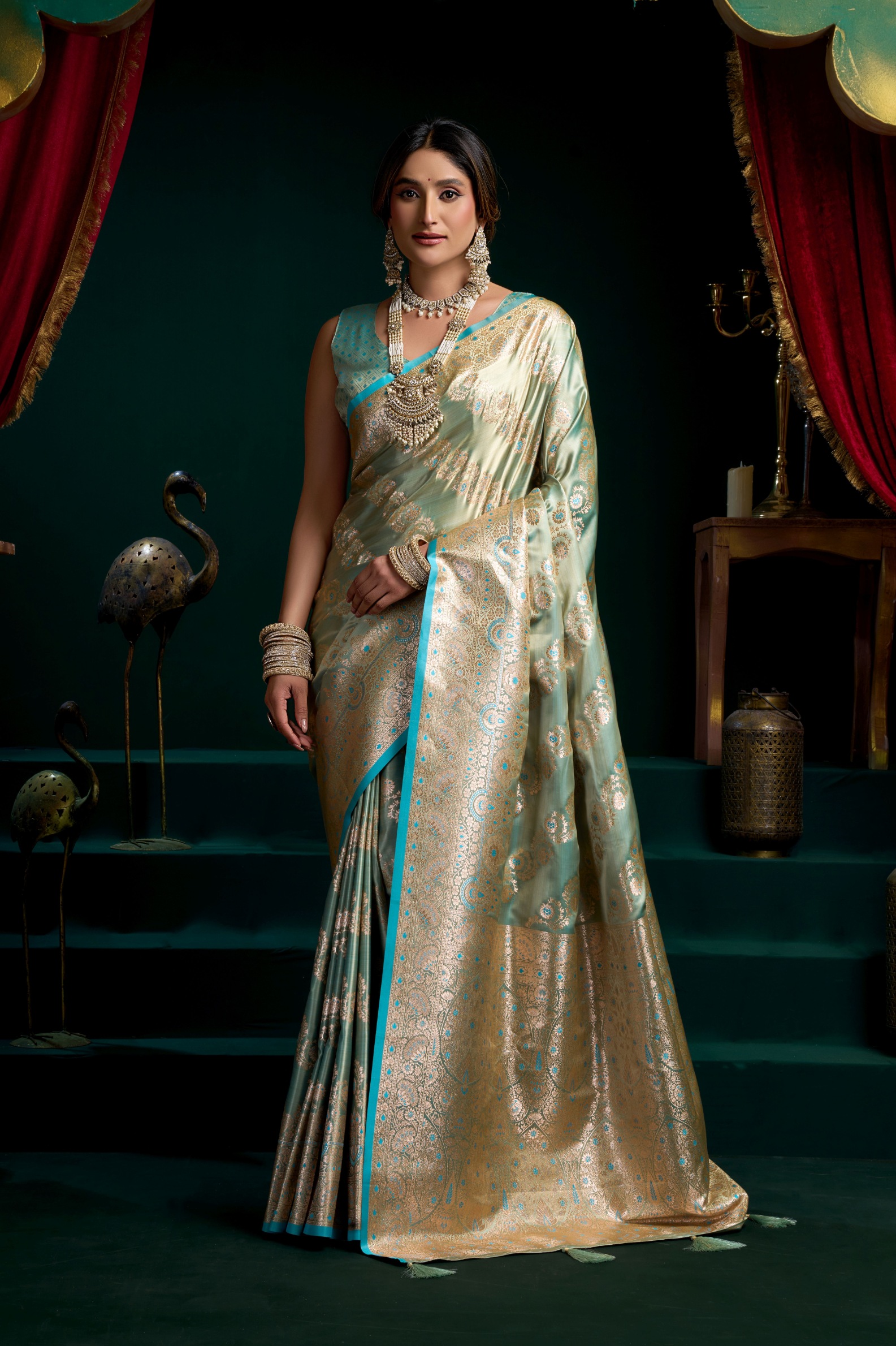 Sky Blue Floral Woven Jacquard Satin Silk Saree