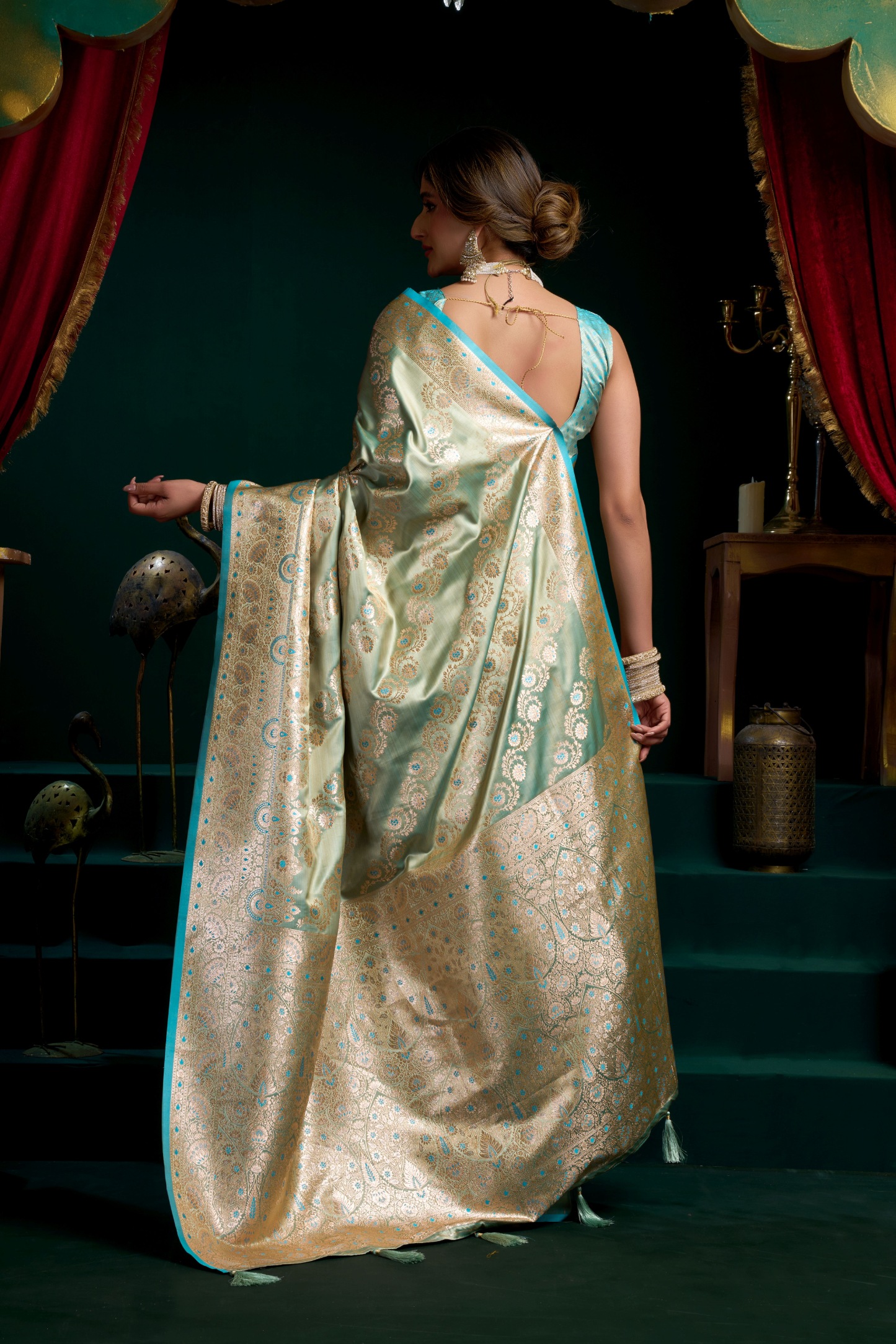 Sky Blue Floral Woven Jacquard Satin Silk Saree — alternate view