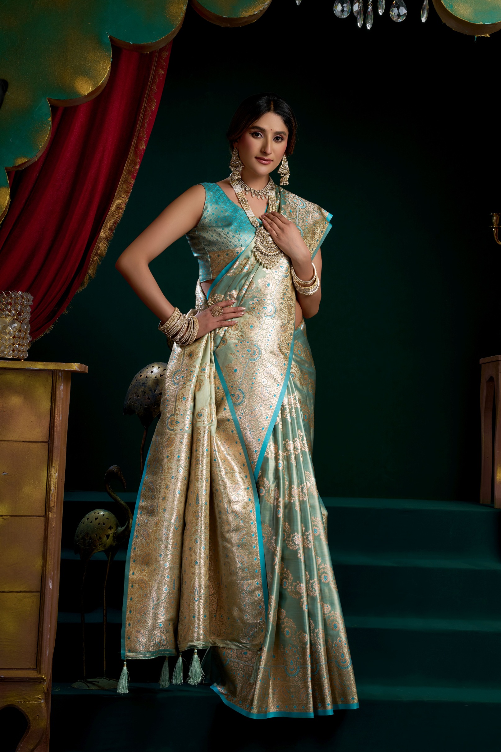 Sky Blue Floral Woven Jacquard Satin Silk Saree