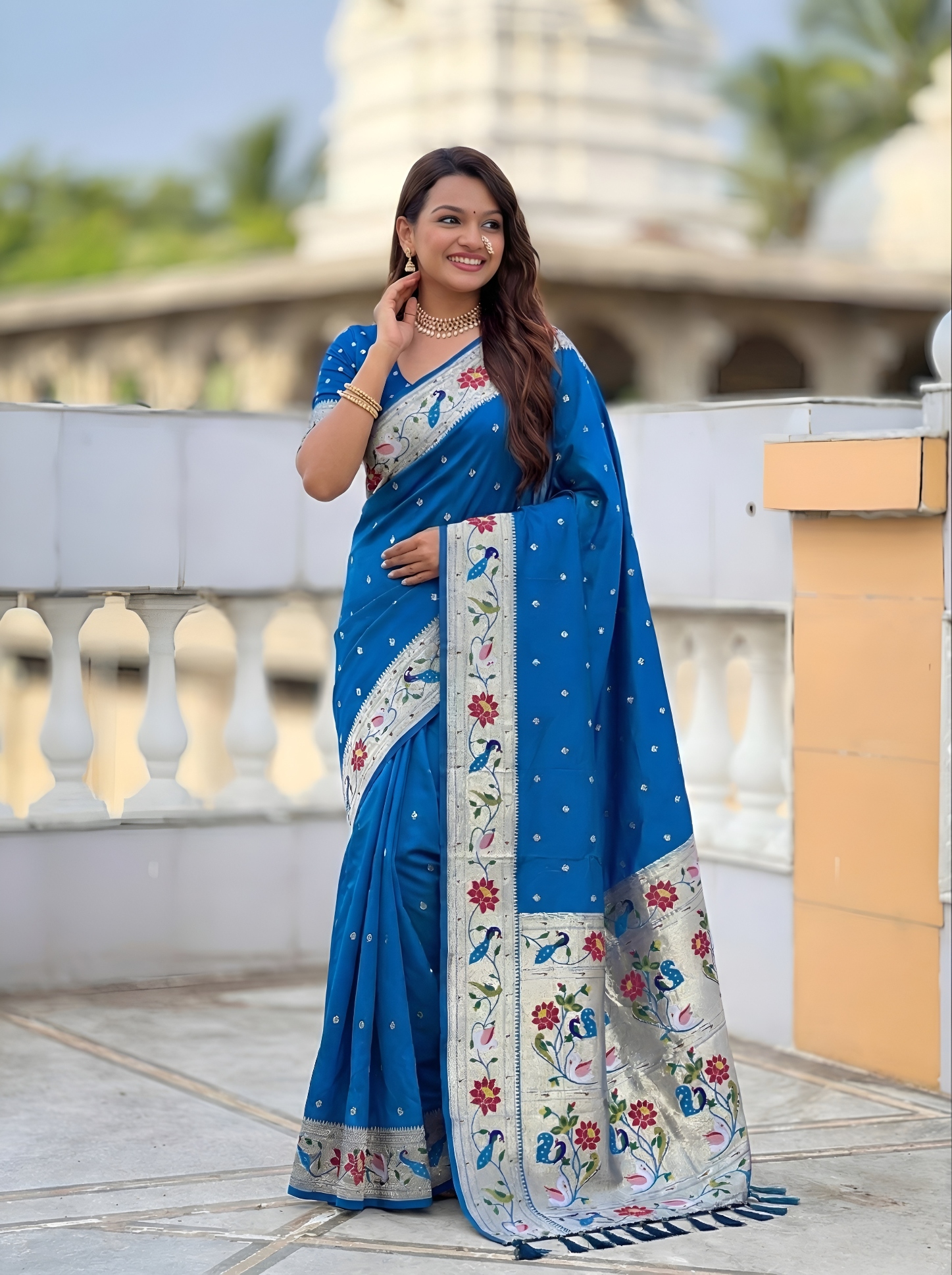 Sky Blue Floral Woven Silk Saree