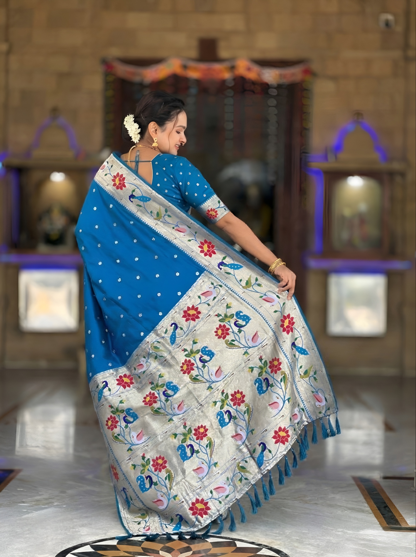 Sky Blue Floral Woven Silk Saree — alternate view