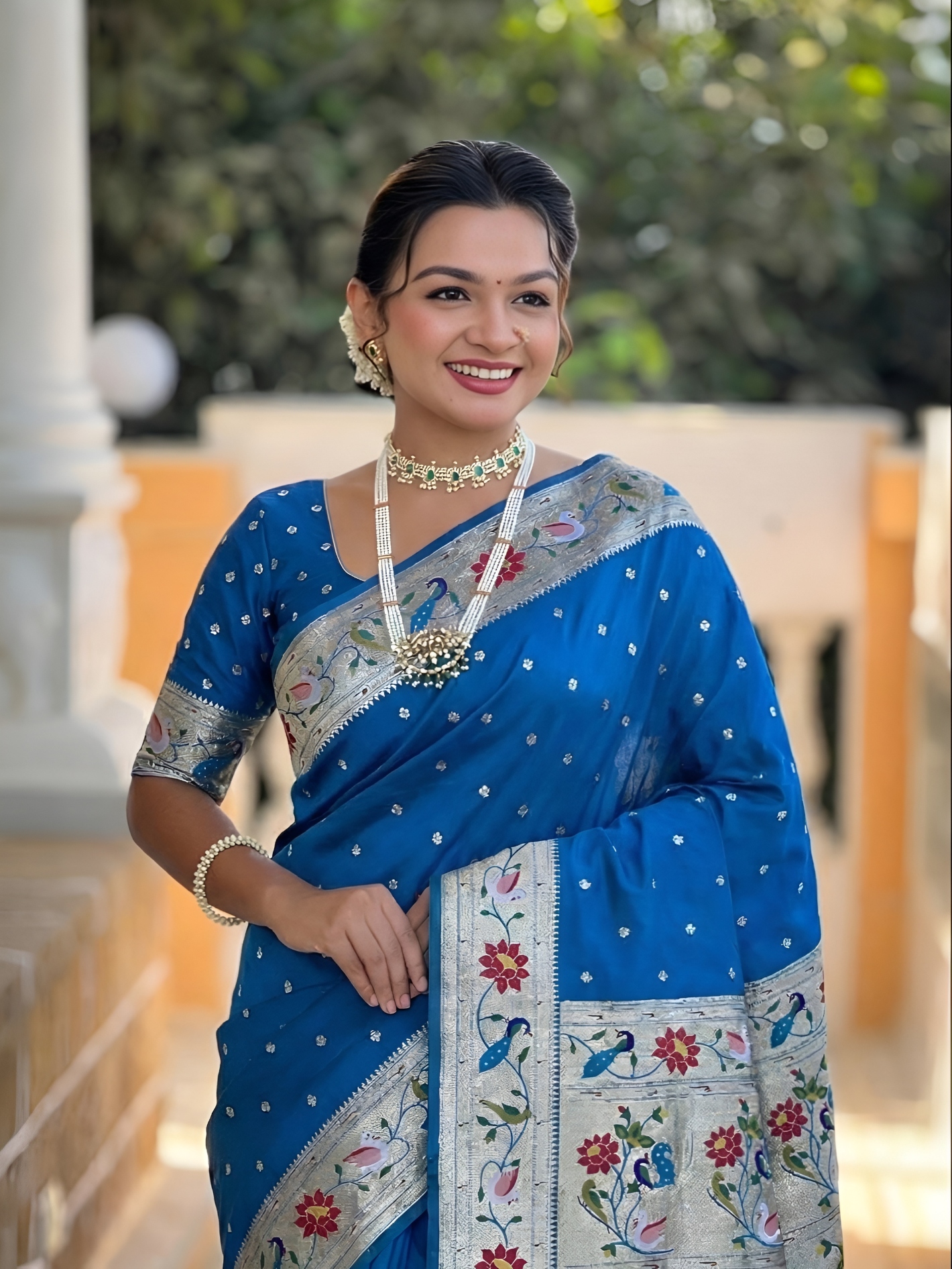 Sky Blue Floral Woven Silk Saree