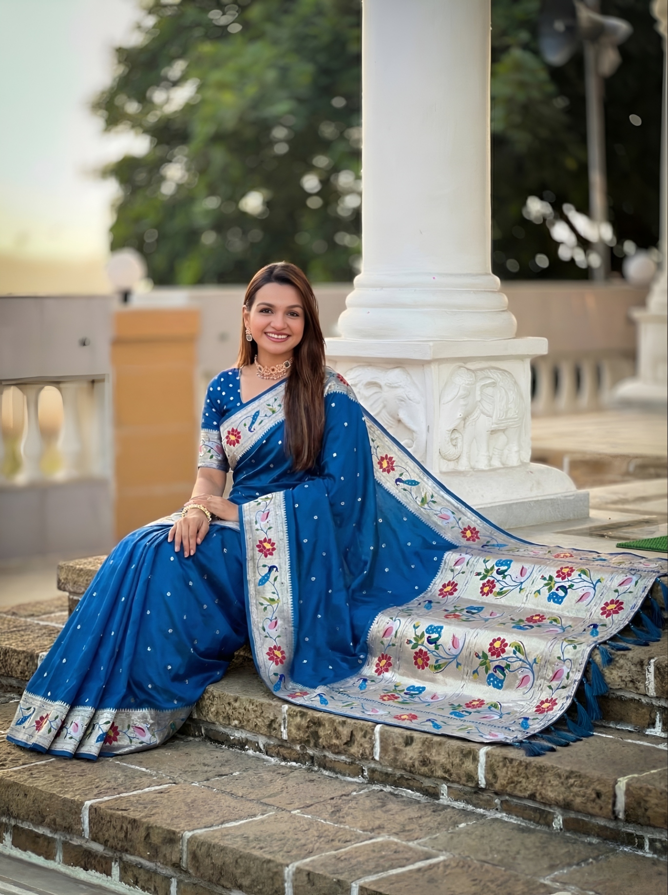 Sky Blue Floral Woven Silk Saree