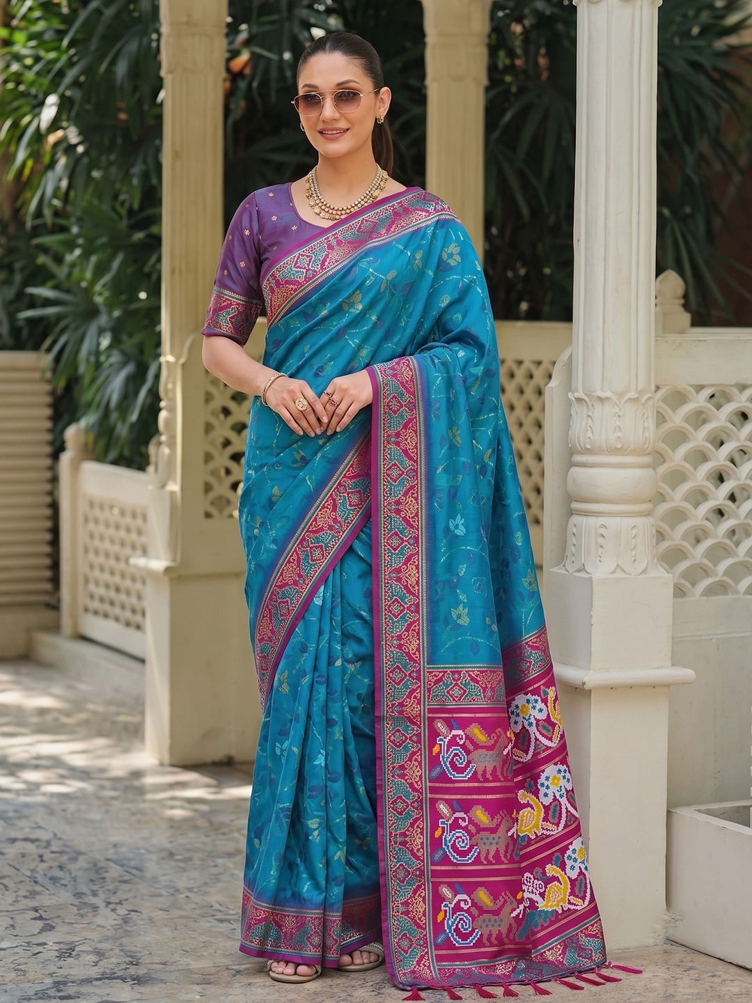 Sky Blue Floral Woven Silk Saree