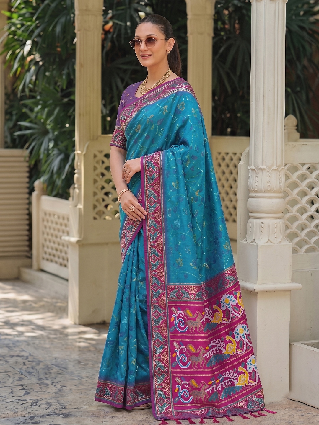 Sky Blue Floral Woven Silk Saree