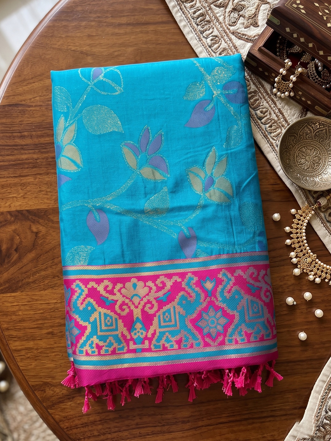 Sky Blue Floral Woven Silk Saree