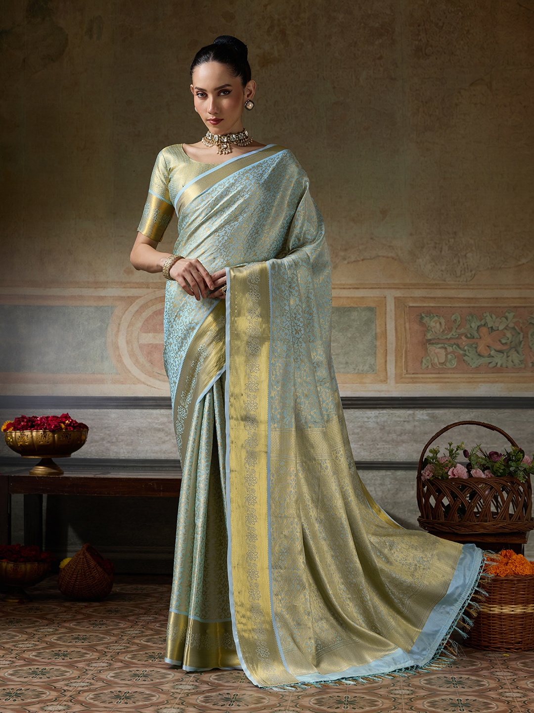 Sky Blue Floral Woven Zari Kanchivaram Silk Saree