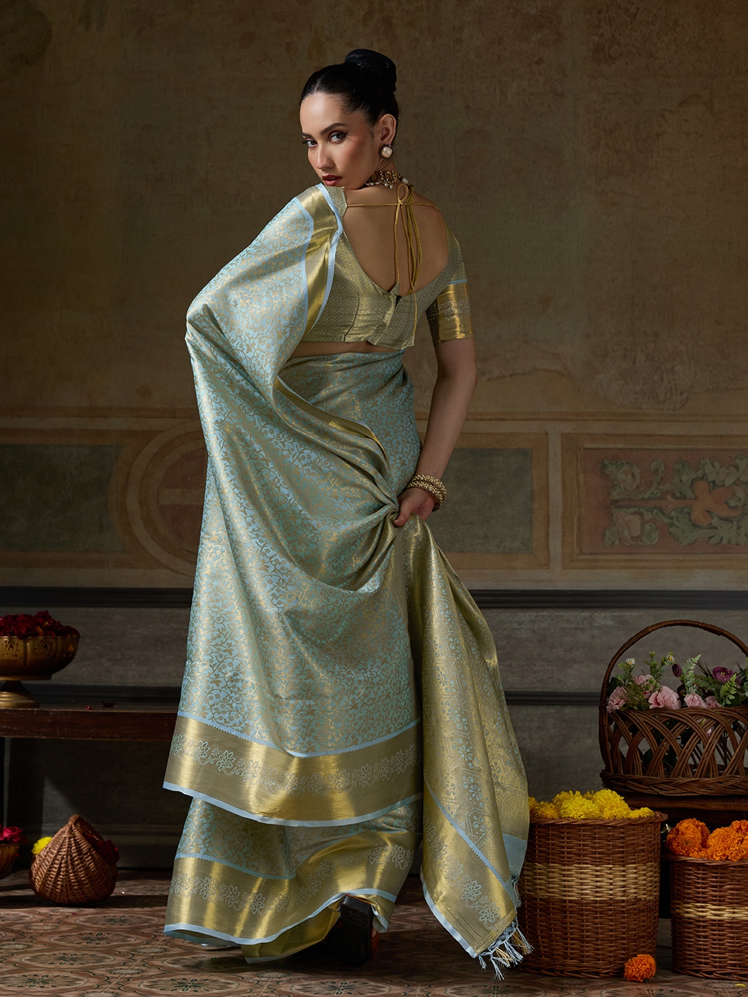 Sky Blue Floral Woven Zari Kanchivaram Silk Saree — alternate view