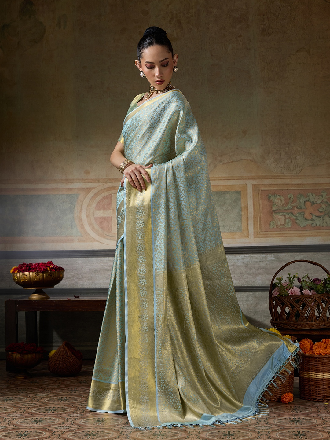 Sky Blue Floral Woven Zari Kanchivaram Silk Saree