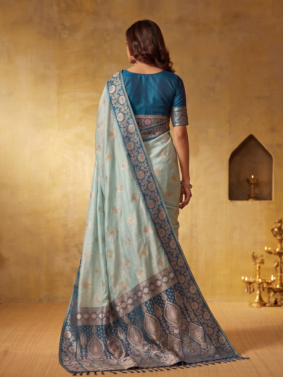 Sky Blue Floral Woven Zari Silk Blend Saree — alternate view