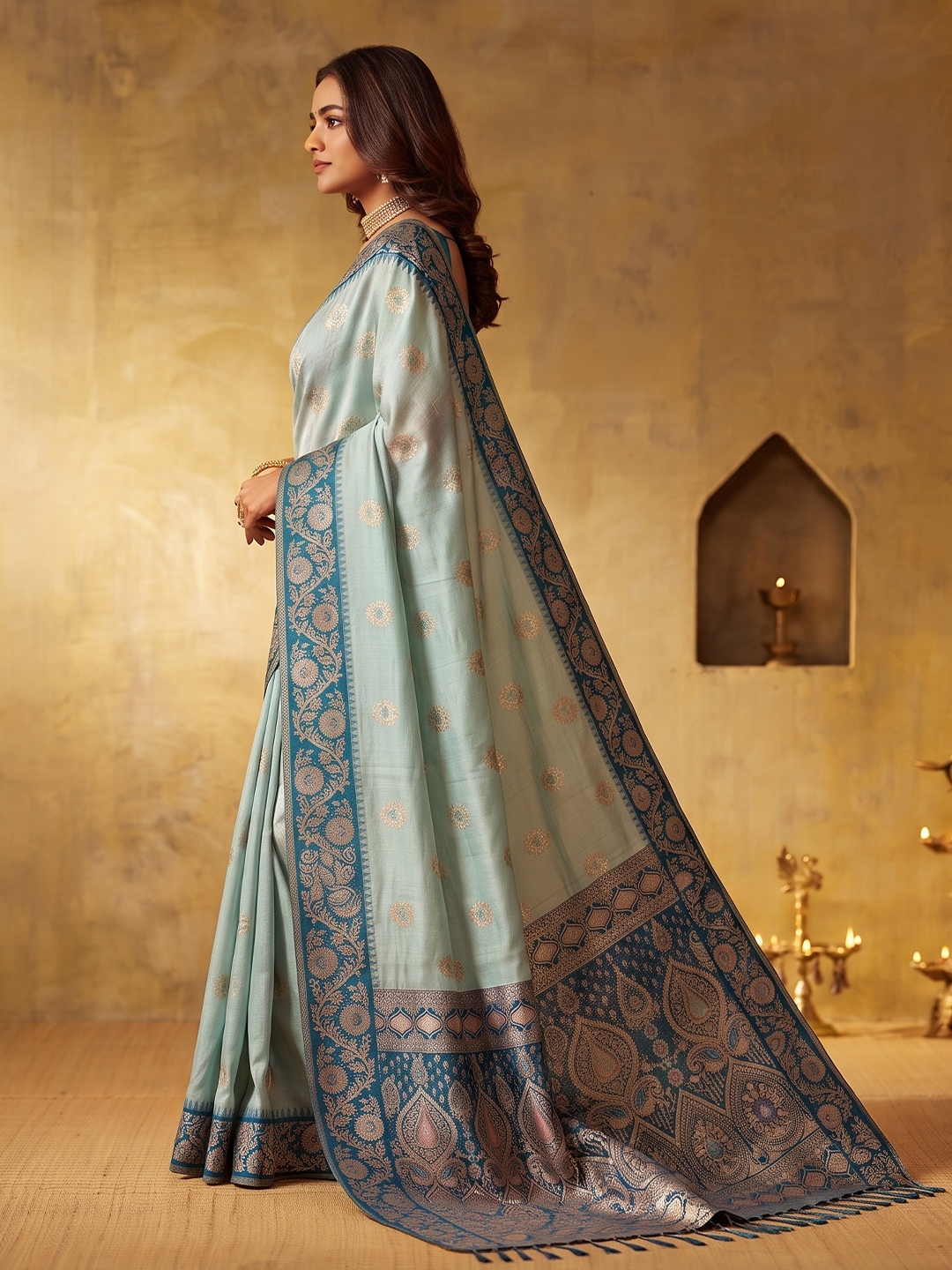 Sky Blue Floral Woven Zari Silk Blend Saree