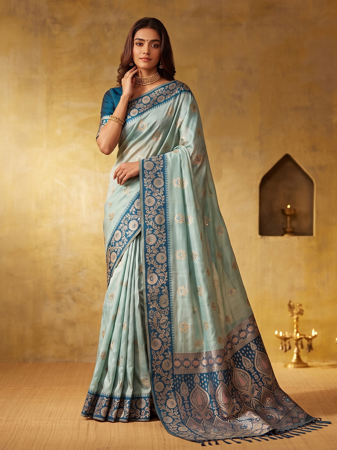 Sky Blue Floral Woven Zari Silk Blend Saree