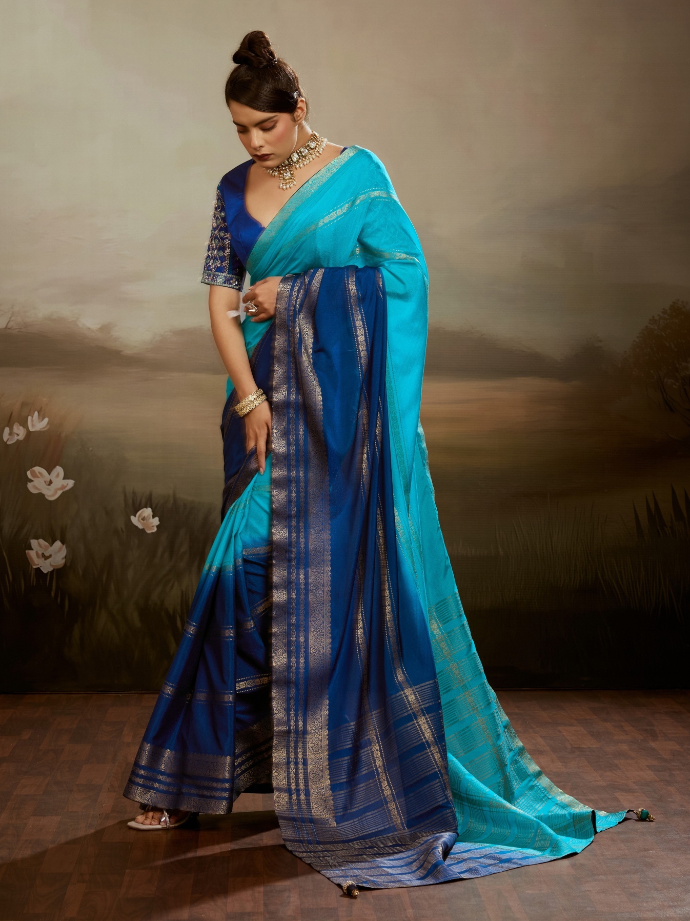 Sky Blue Floral Zari Soft Chiffon Silk Saree
