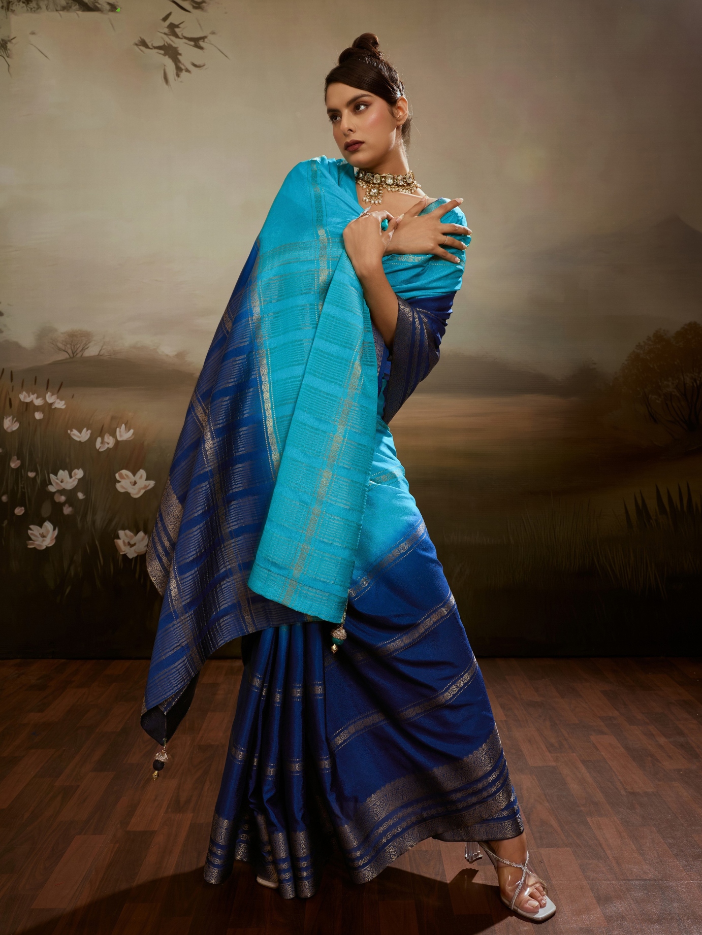 Sky Blue Floral Zari Soft Chiffon Silk Saree