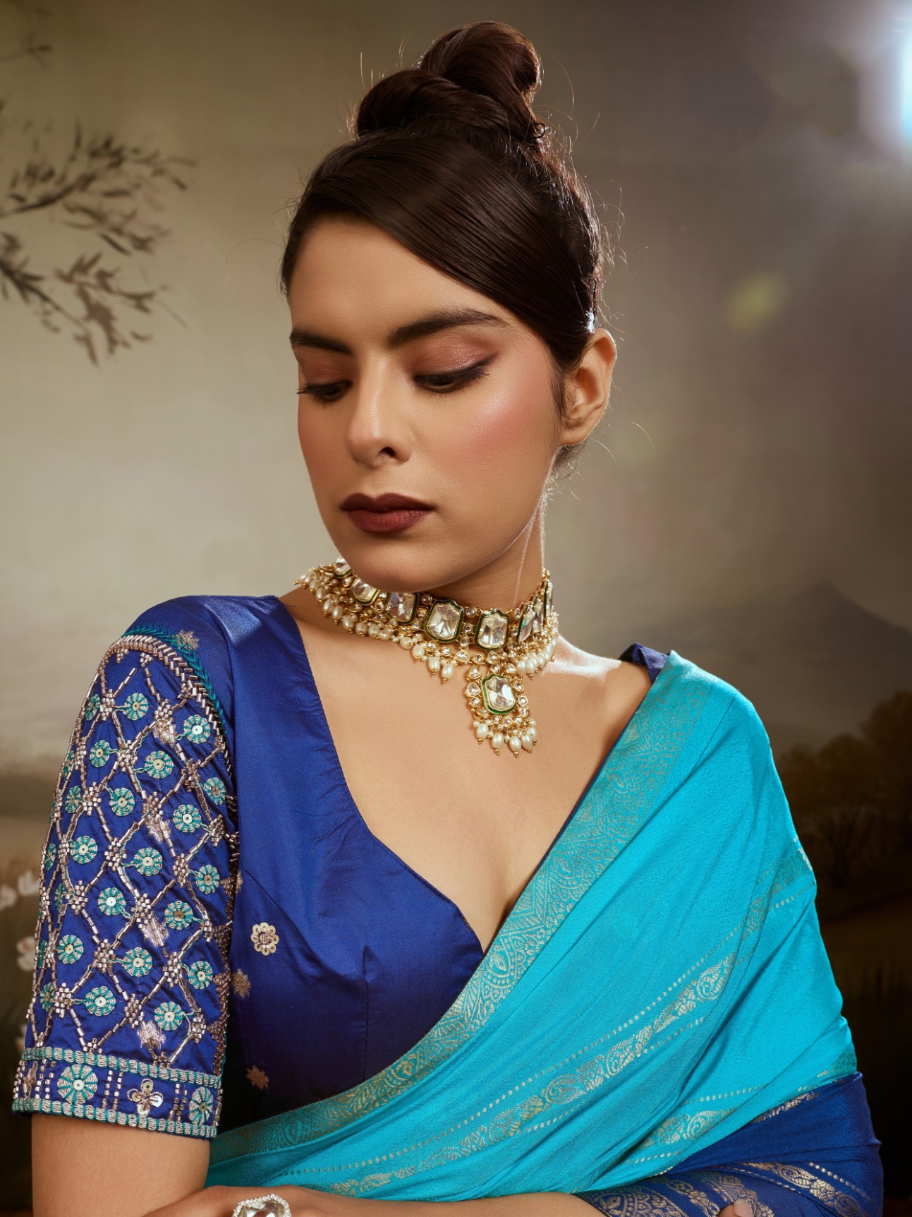 Sky Blue Floral Zari Soft Chiffon Silk Saree