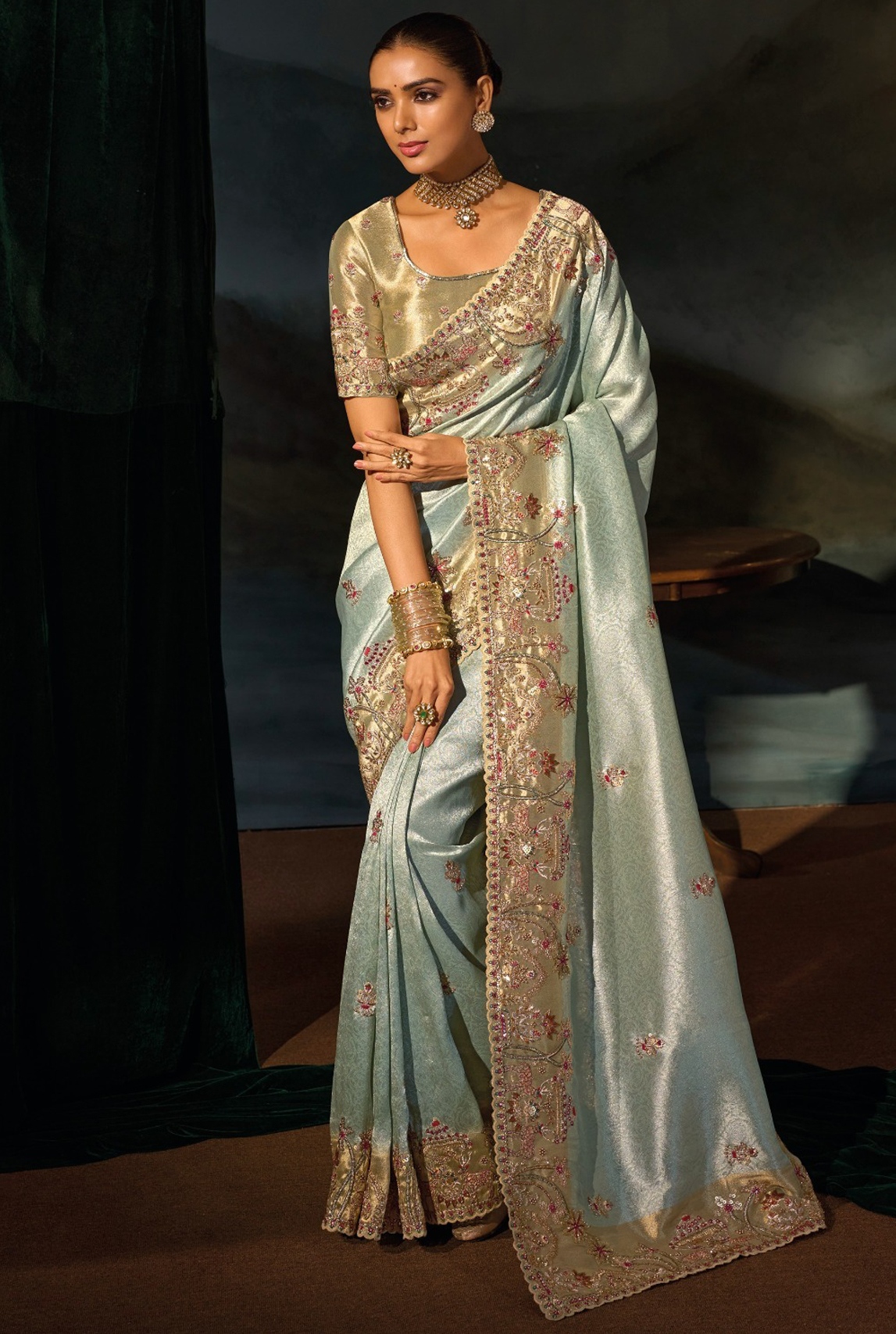 Sky Blue Floral Zari Thread Madhuri Silk Saree