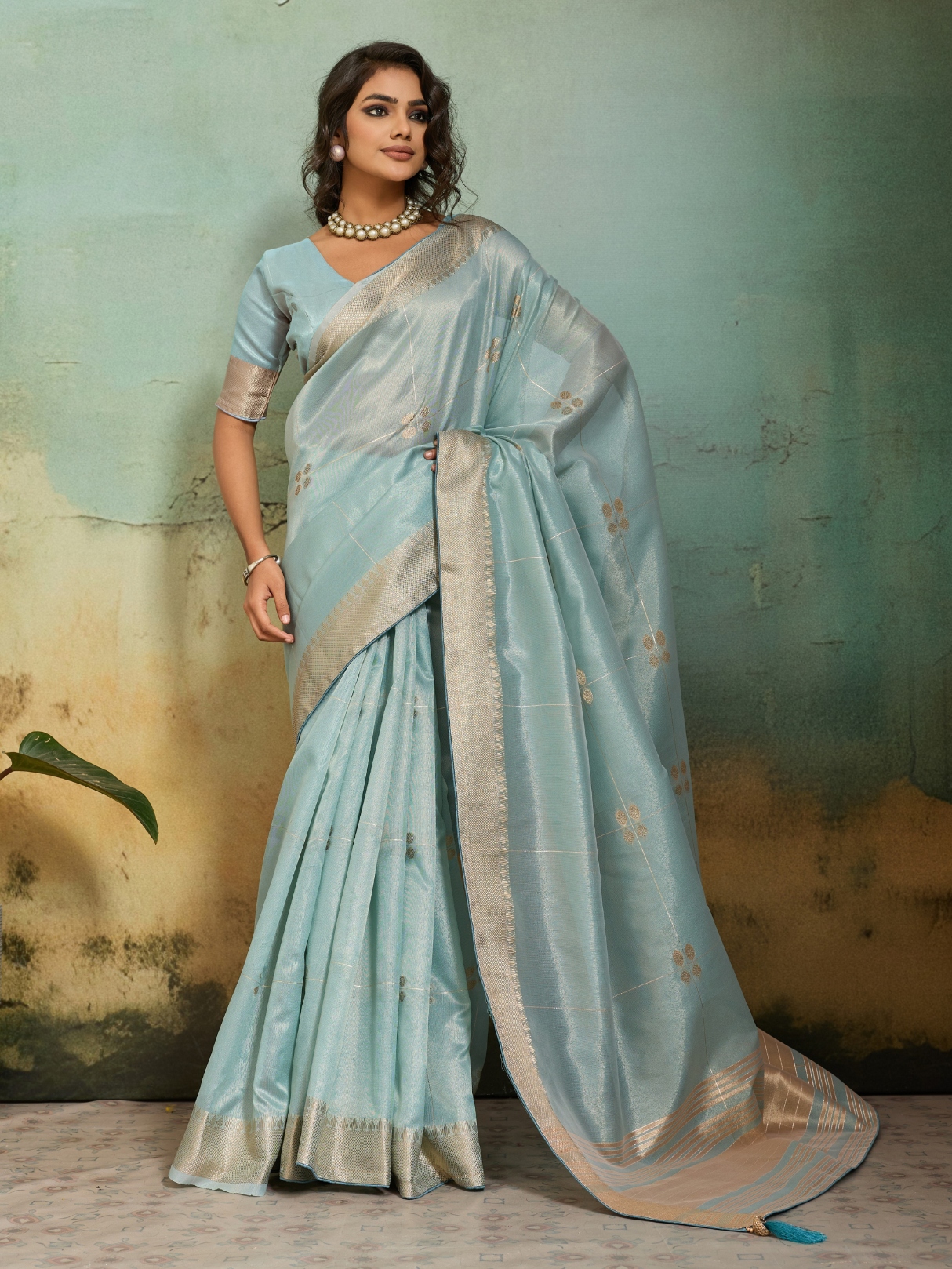Sky Blue Floral Zari Woven Tissue Linen Saree