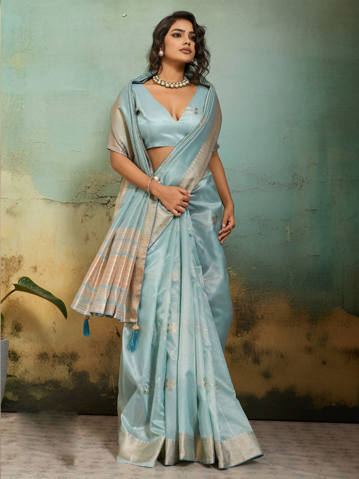 Sky Blue Floral Zari Woven Tissue Linen Saree