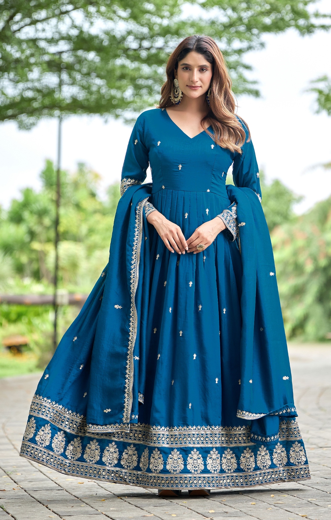 Sky Blue Geometric Designer Embroidery Chinon Gown