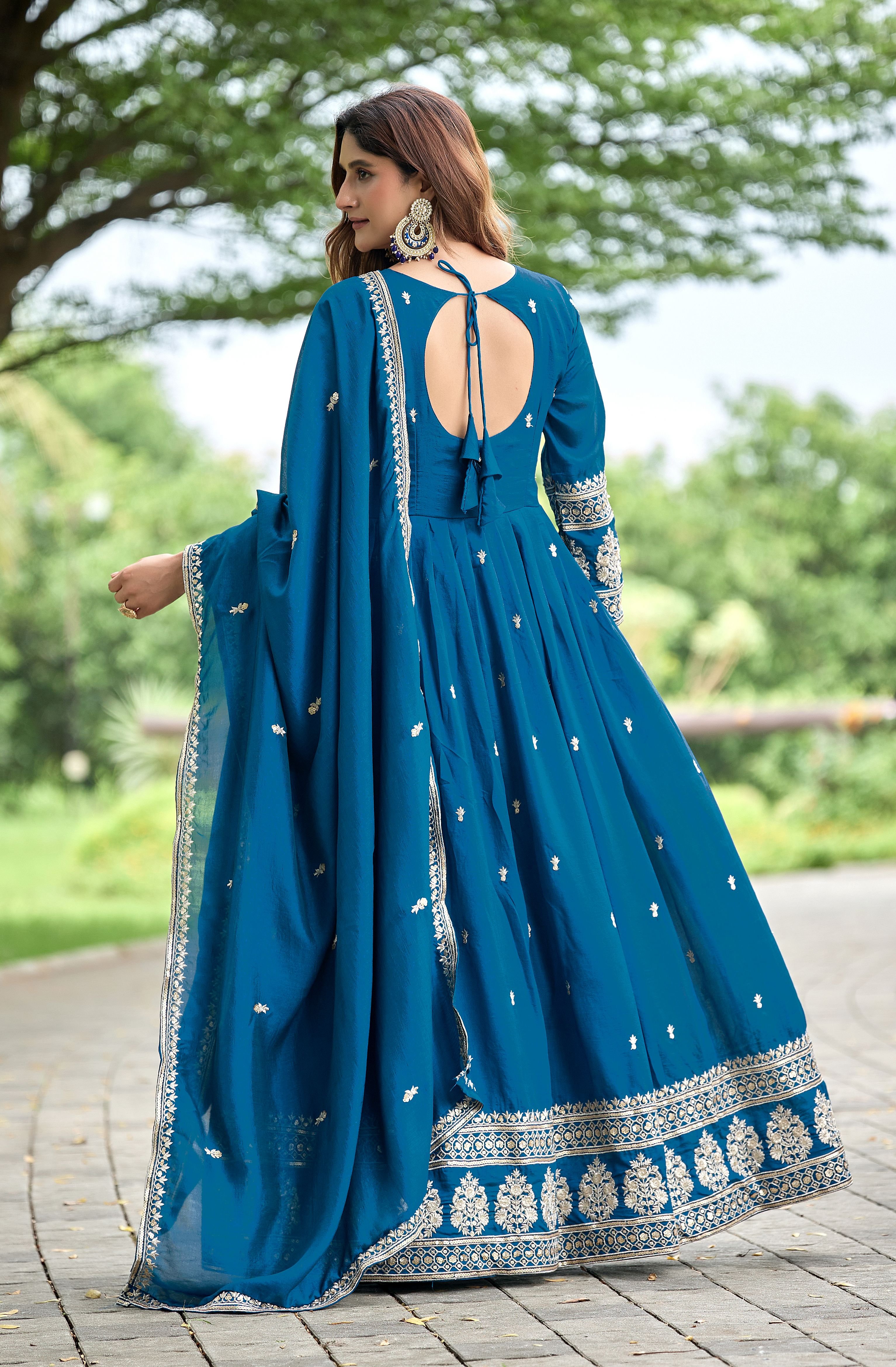 Sky Blue Geometric Designer Embroidery Chinon Gown — alternate view