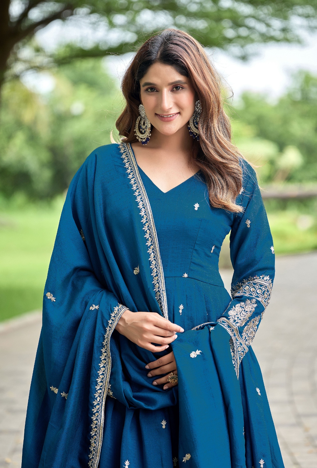 Sky Blue Geometric Designer Embroidery Chinon Gown