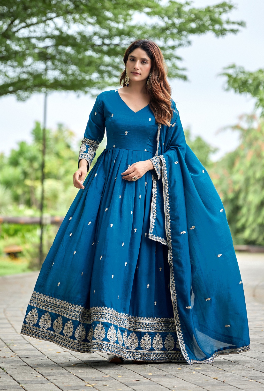 Sky Blue Geometric Designer Embroidery Chinon Gown