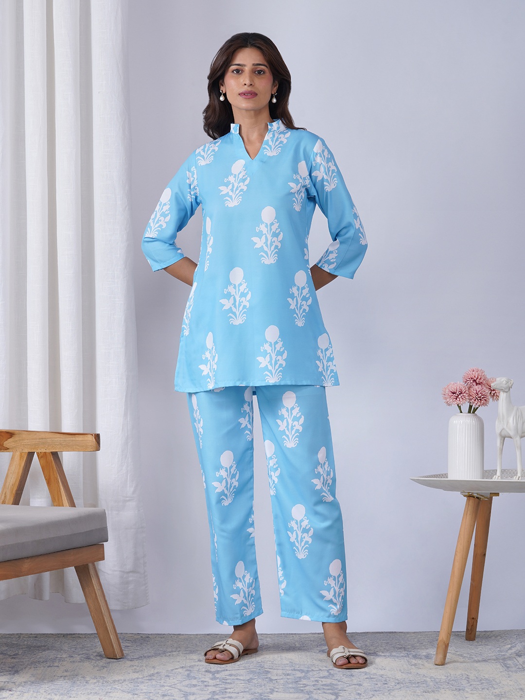 Sky Blue Geometric Designer Printed Rayon Blend Co-Ord Set
