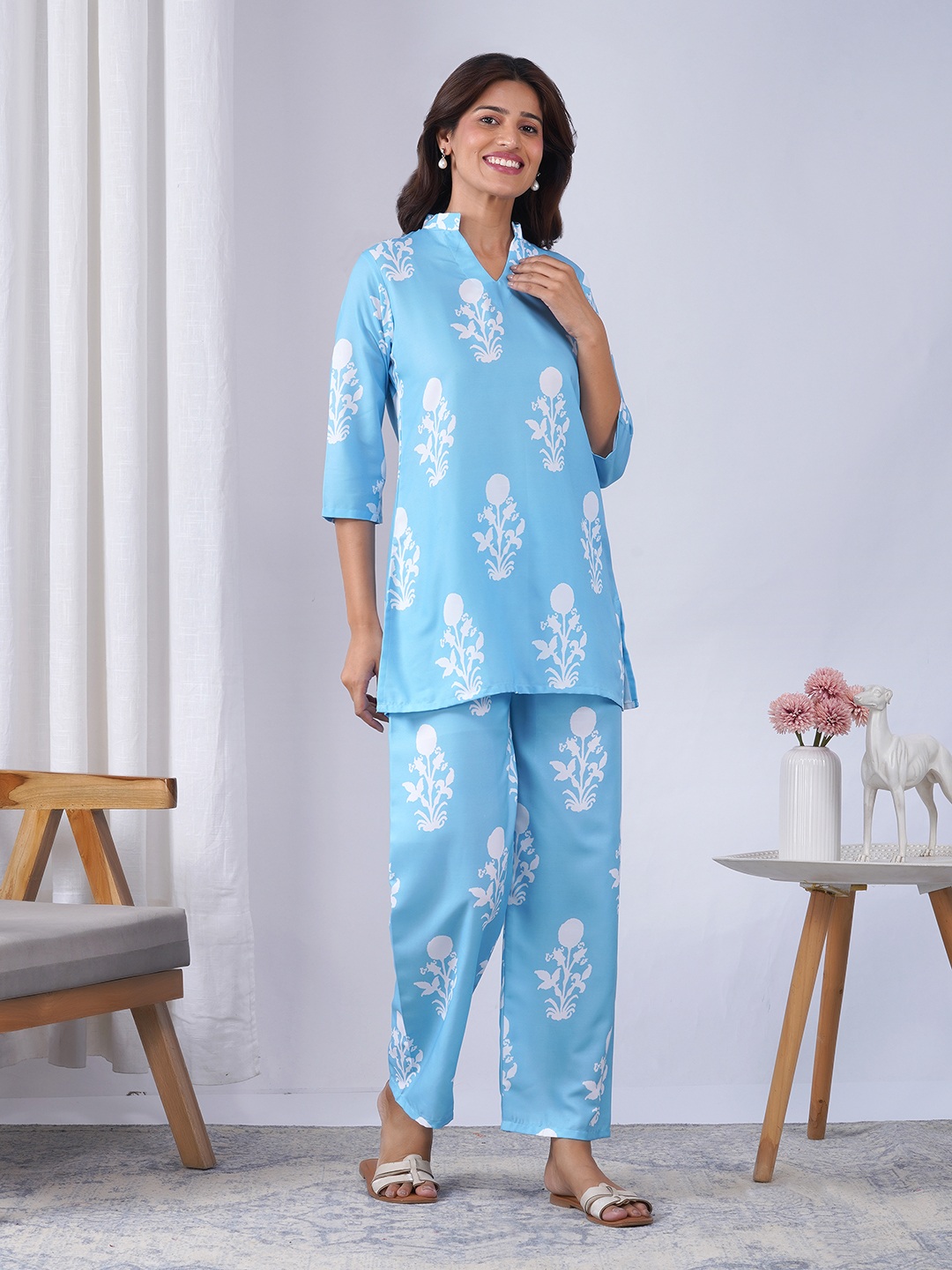 Sky Blue Geometric Designer Printed Rayon Blend Co-Ord Set